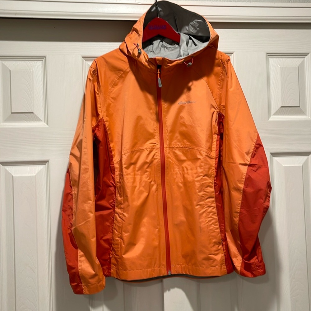 Eddie Bauer WeatherEdge Shell Jacket. Orange and Dark Orange, size Petite Large